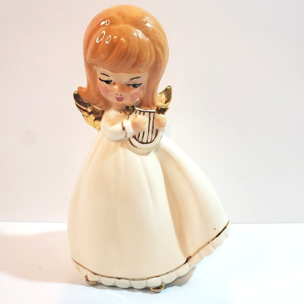 Vintage 6" Ceramic Angel Blonde Hair with Harp Glazed Gold Trim Signed DS